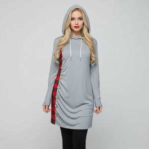 Women's Large Grey Red Plaid Long Sleeve Hooded Tunic Top